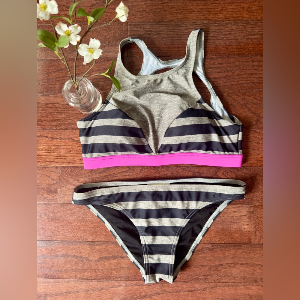 NeonTide 2 pc SWIMSUIT BIKINI Tankini Striped Gray Hot Pink Size S M